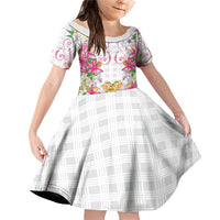 Hawaii Palaka Family Matching Off Shoulder Short Dress and Hawaiian Shirt White Tribal Pattern With Tropical Flowers LT05 Daughter's Dress White - Polynesian Pride