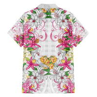 Hawaii Palaka Family Matching Off Shoulder Short Dress and Hawaiian Shirt White Tribal Pattern With Tropical Flowers LT05 - Polynesian Pride