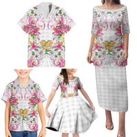 Hawaii Palaka Family Matching Puletasi and Hawaiian Shirt White Tribal Pattern With Tropical Flowers LT05 - Polynesian Pride