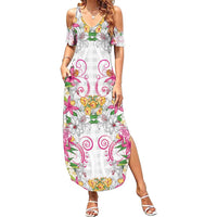 Hawaii Palaka Family Matching Summer Maxi Dress and Hawaiian Shirt White Tribal Pattern With Tropical Flowers LT05 Mom's Dress White - Polynesian Pride