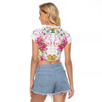 Hawaii Palaka Raglan Cropped T Shirt White Tribal Pattern With Tropical Flowers - Polynesian Pride