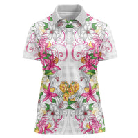 Hawaii Palaka Women Polo Shirt White Tribal Pattern With Tropical Flowers - Polynesian Pride