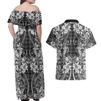 Hawaii Palaka Couples Matching Off Shoulder Maxi Dress and Hawaiian Shirt Black Tribal Pattern With Tropical Flowers LT05 - Polynesian Pride