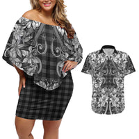 Hawaii Palaka Couples Matching Off Shoulder Short Dress and Hawaiian Shirt Black Tribal Pattern With Tropical Flowers LT05 Black - Polynesian Pride