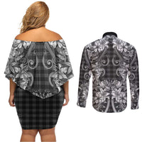 Hawaii Palaka Couples Matching Off Shoulder Short Dress and Long Sleeve Button Shirt Black Tribal Pattern With Tropical Flowers LT05 - Polynesian Pride