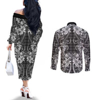 Hawaii Palaka Couples Matching Off The Shoulder Long Sleeve Dress and Long Sleeve Button Shirt Black Tribal Pattern With Tropical Flowers LT05 - Polynesian Pride
