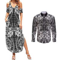 Hawaii Palaka Couples Matching Summer Maxi Dress and Long Sleeve Button Shirt Black Tribal Pattern With Tropical Flowers - Polynesian Pride