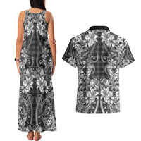 Hawaii Palaka Couples Matching Tank Maxi Dress and Hawaiian Shirt Black Tribal Pattern With Tropical Flowers LT05 - Polynesian Pride
