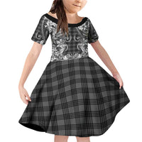Hawaii Palaka Family Matching Off Shoulder Short Dress and Hawaiian Shirt Black Tribal Pattern With Tropical Flowers LT05 Daughter's Dress Black - Polynesian Pride