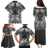 Hawaii Palaka Family Matching Puletasi and Hawaiian Shirt Black Tribal Pattern With Tropical Flowers LT05 - Polynesian Pride