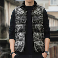 Hawaii Palaka Sleeveless Puffer Jacket Black Tribal Pattern With Tropical Flowers - Polynesian Pride