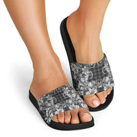 Hawaii Palaka Slide Sandals Black Tribal Pattern With Tropical Flowers - Polynesian Pride