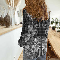 Hawaii Palaka Women Casual Shirt Black Tribal Pattern With Tropical Flowers - Polynesian Pride