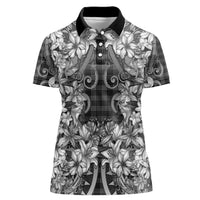 Hawaii Palaka Women Polo Shirt Black Tribal Pattern With Tropical Flowers - Polynesian Pride