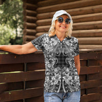 Hawaii Palaka Women Polo Shirt Black Tribal Pattern With Tropical Flowers - Polynesian Pride