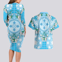 Hawaii Cyan Palaka Couples Matching Long Sleeve Bodycon Dress and Hawaiian Shirt With Tapa Pattern Tropical Flowers LT05 - Polynesian Pride