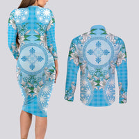 Hawaii Cyan Palaka Couples Matching Long Sleeve Bodycon Dress and Long Sleeve Button Shirt With Tapa Pattern Tropical Flowers LT05 - Polynesian Pride