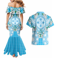 Hawaii Cyan Palaka Couples Matching Mermaid Dress and Hawaiian Shirt With Tapa Pattern Tropical Flowers LT05 - Polynesian Pride