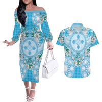 Hawaii Cyan Palaka Couples Matching Off The Shoulder Long Sleeve Dress and Hawaiian Shirt With Tapa Pattern Tropical Flowers LT05 Cyan - Polynesian Pride