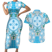 Hawaii Cyan Palaka Couples Matching Short Sleeve Bodycon Dress and Hawaiian Shirt With Tapa Pattern Tropical Flowers LT05 Cyan - Polynesian Pride