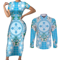 Hawaii Cyan Palaka Couples Matching Short Sleeve Bodycon Dress and Long Sleeve Button Shirt With Tapa Pattern Tropical Flowers LT05 Cyan - Polynesian Pride