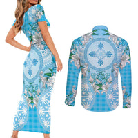 Hawaii Cyan Palaka Couples Matching Short Sleeve Bodycon Dress and Long Sleeve Button Shirt With Tapa Pattern Tropical Flowers LT05 - Polynesian Pride