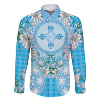 Hawaii Cyan Palaka Family Matching Long Sleeve Bodycon Dress and Hawaiian Shirt With Tapa Pattern Tropical Flowers LT05 Dad's Shirt - Long Sleeve Cyan - Polynesian Pride