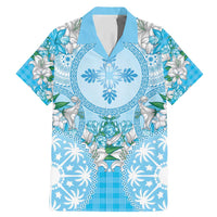 Hawaii Cyan Palaka Family Matching Mermaid Dress and Hawaiian Shirt With Tapa Pattern Tropical Flowers LT05 Dad's Shirt - Short Sleeve Cyan - Polynesian Pride