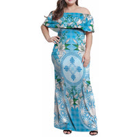 Hawaii Cyan Palaka Family Matching Off Shoulder Maxi Dress and Hawaiian Shirt With Tapa Pattern Tropical Flowers LT05 Mom's Dress Cyan - Polynesian Pride