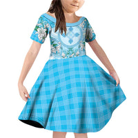 Hawaii Cyan Palaka Family Matching Off Shoulder Short Dress and Hawaiian Shirt With Tapa Pattern Tropical Flowers LT05 Daughter's Dress Cyan - Polynesian Pride