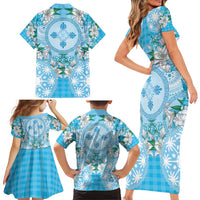 Hawaii Cyan Palaka Family Matching Short Sleeve Bodycon Dress and Hawaiian Shirt With Tapa Pattern Tropical Flowers LT05 - Polynesian Pride