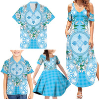 Hawaii Cyan Palaka Family Matching Summer Maxi Dress and Hawaiian Shirt With Tapa Pattern Tropical Flowers LT05 - Polynesian Pride