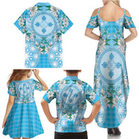 Hawaii Cyan Palaka Family Matching Summer Maxi Dress and Hawaiian Shirt With Tapa Pattern Tropical Flowers LT05 - Polynesian Pride