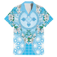 Hawaii Cyan Palaka Family Matching Summer Maxi Dress and Hawaiian Shirt With Tapa Pattern Tropical Flowers LT05 Dad's Shirt - Short Sleeve Cyan - Polynesian Pride