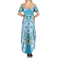Hawaii Cyan Palaka Family Matching Summer Maxi Dress and Hawaiian Shirt With Tapa Pattern Tropical Flowers LT05 - Polynesian Pride