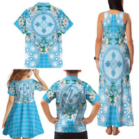 Hawaii Cyan Palaka Family Matching Tank Maxi Dress and Hawaiian Shirt With Tapa Pattern Tropical Flowers LT05 - Polynesian Pride