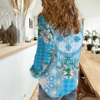 Hawaii Cyan Palaka Women Casual Shirt With Tapa Pattern Tropical Flowers - Polynesian Pride