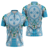 Hawaii Cyan Palaka Zipper Polo Shirt With Tapa Pattern Tropical Flowers - Polynesian Pride
