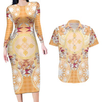 Hawaii Peach Palaka Couples Matching Long Sleeve Bodycon Dress and Hawaiian Shirt With Tapa Pattern Tropical Flowers LT05 Peach - Polynesian Pride