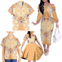 Hawaii Peach Palaka Family Matching Off The Shoulder Long Sleeve Dress and Hawaiian Shirt With Tapa Pattern Tropical Flowers LT05 - Polynesian Pride