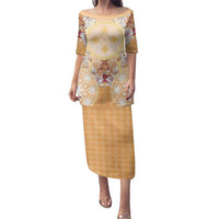 Hawaii Peach Palaka Family Matching Puletasi and Hawaiian Shirt With Tapa Pattern Tropical Flowers LT05 Mom's Dress Peach - Polynesian Pride