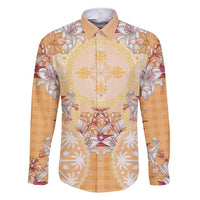 Hawaii Peach Palaka Family Matching Short Sleeve Bodycon Dress and Hawaiian Shirt With Tapa Pattern Tropical Flowers LT05 Dad's Shirt - Long Sleeve Peach - Polynesian Pride