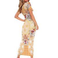 Hawaii Peach Palaka Family Matching Short Sleeve Bodycon Dress and Hawaiian Shirt With Tapa Pattern Tropical Flowers LT05 - Polynesian Pride