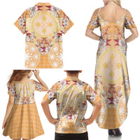 Hawaii Peach Palaka Family Matching Summer Maxi Dress and Hawaiian Shirt With Tapa Pattern Tropical Flowers LT05 - Polynesian Pride