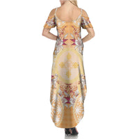 Hawaii Peach Palaka Family Matching Summer Maxi Dress and Hawaiian Shirt With Tapa Pattern Tropical Flowers LT05 - Polynesian Pride