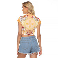 Hawaii Peach Palaka Raglan Cropped T Shirt With Tapa Pattern Tropical Flowers - Polynesian Pride