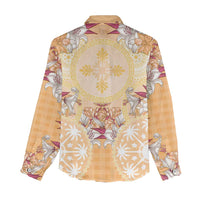 Hawaii Peach Palaka Women Casual Shirt With Tapa Pattern Tropical Flowers - Polynesian Pride