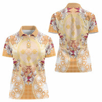 Hawaii Peach Palaka Women Polo Shirt With Tapa Pattern Tropical Flowers - Polynesian Pride