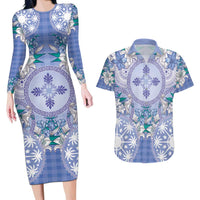 Hawaii Violet Palaka Couples Matching Long Sleeve Bodycon Dress and Hawaiian Shirt With Tapa Pattern Tropical Flowers LT05 Violet - Polynesian Pride