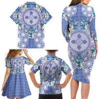 Hawaii Violet Palaka Family Matching Long Sleeve Bodycon Dress and Hawaiian Shirt With Tapa Pattern Tropical Flowers LT05 - Polynesian Pride